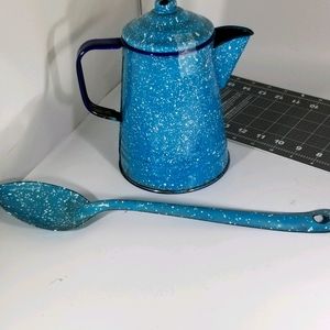 Two pieces Enamel Coffee Pot w/ Large Spoon